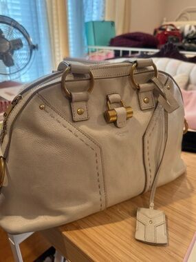 Yves Saint Laurent Cream Leather Satchel with Gold Hardware